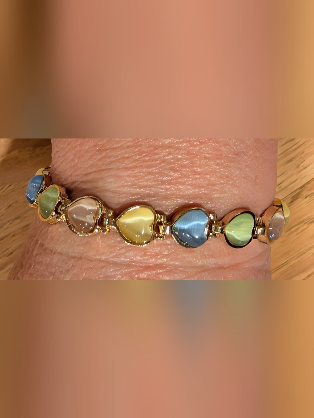 Gold Heart Link Bracelet with Yellow, Blue, Pink Green Moonglow Heart Cabochons